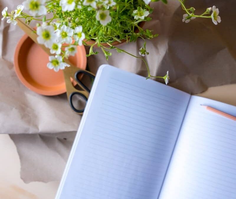 A notebook with flowers and some craft supplies.